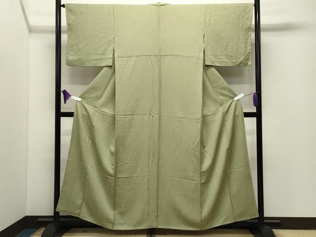 平和屋着物●上質な色無地　縞地紋　抹茶色　正絹　逸品　CABI1041gh