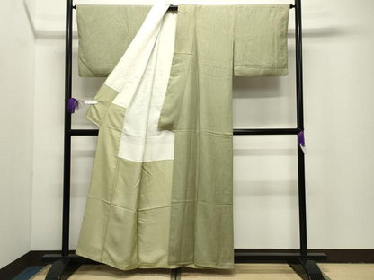 平和屋着物●上質な色無地　縞地紋　抹茶色　正絹　逸品　CABI1041gh