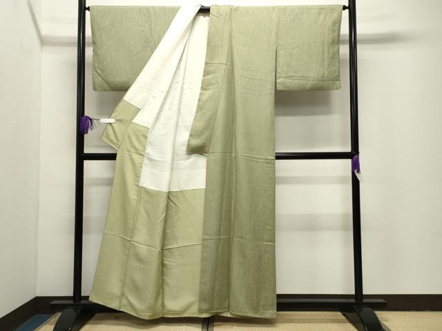 平和屋着物●上質な色無地　縞地紋　抹茶色　正絹　逸品　CABI1041gh