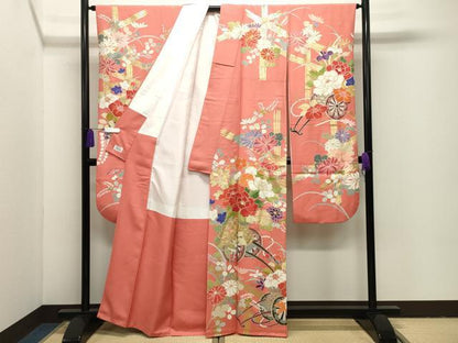 平和屋着物●豪華振袖　駒刺繍　花車文　金彩　正絹　逸品　CABI1056gh
