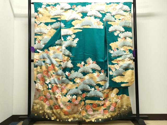 平和屋着物●十日町老舗ブランド　吉澤友禅　吾妻徳穂　振袖　駒刺繍　雲重ね松花文　金彩　正絹　逸品　CABI1057gh