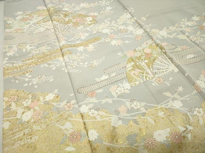 平和屋着物●訪問着　駒刺繍　扇面花文　金彩　正絹　逸品　CABI1063gh