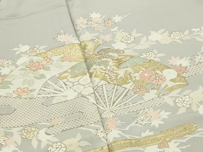 平和屋着物●訪問着　駒刺繍　扇面花文　金彩　正絹　逸品　CABI1063gh
