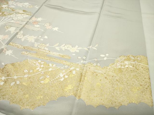 平和屋着物●訪問着　駒刺繍　扇面花文　金彩　正絹　逸品　CABI1063gh