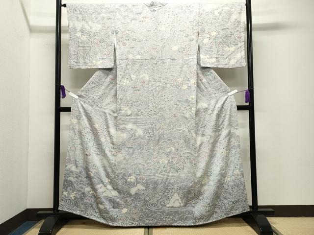 平和屋着物●名門　藤娘きぬたや・総絞り　訪問着　渡橋風景花文　暈し染め　正絹　逸品　CABI1070gh