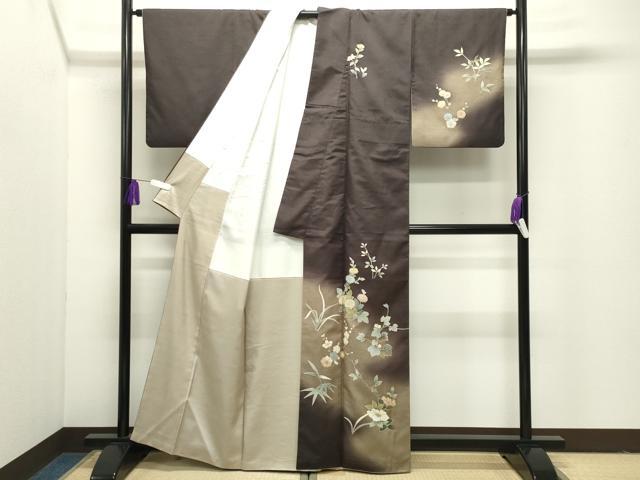 平和屋着物●訪問着　紬地　草花文　暈し染め　金彩　正絹　逸品　CABI1077gh