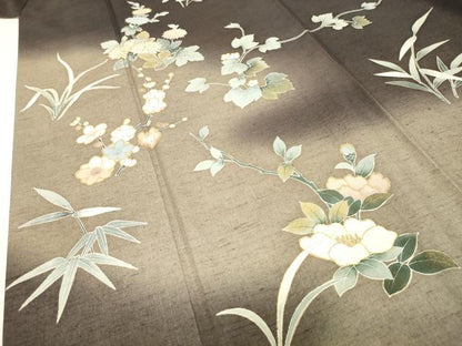 平和屋着物●訪問着　紬地　草花文　暈し染め　金彩　正絹　逸品　CABI1077gh