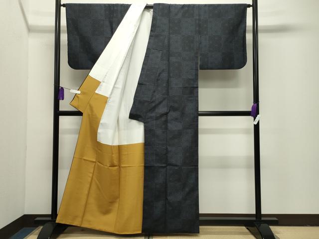 平和屋着物●本場真綿結城紬　泥染絣　市松麻の葉文様　証紙付き　正絹　逸品　CABI1109gh