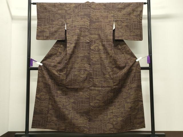 平和屋着物●本場結城紬　重要無形文化財　100亀甲　風景檜扇花文　正絹　逸品　CABI1111gh