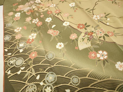 平和屋着物●訪問着　駒刺繍　扇面枝垂れ桜文　暈し染め　金彩　やまと誂製　正絹　逸品　CABI1113gh