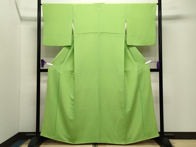 平和屋着物●上質な色無地　黄緑色　鬼しぼ縮緬　正絹　逸品　CABI1124gh
