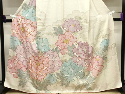 平和屋着物●訪問着　駒刺繍　牡丹花文　金彩　正絹　逸品　CABI1148gh
