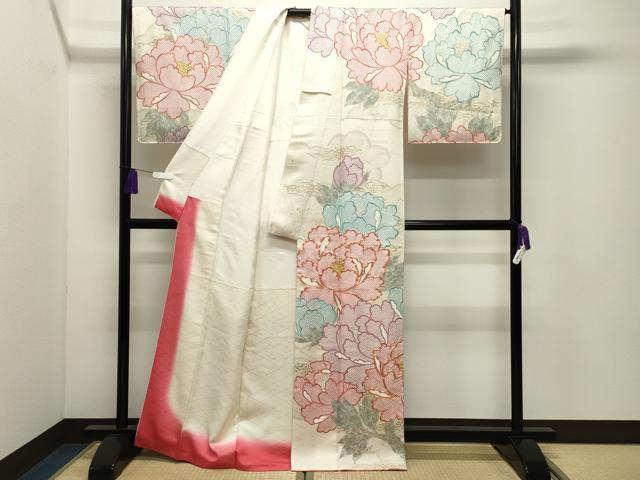 平和屋着物●訪問着　駒刺繍　牡丹花文　金彩　正絹　逸品　CABI1148gh
