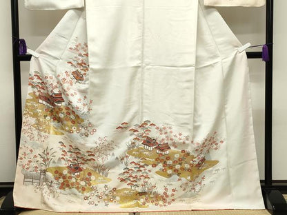 平和屋着物●訪問着　刺繍　風景松竹梅文　暈し染め　金彩　ロング丈　正絹　逸品　CABI1149gh