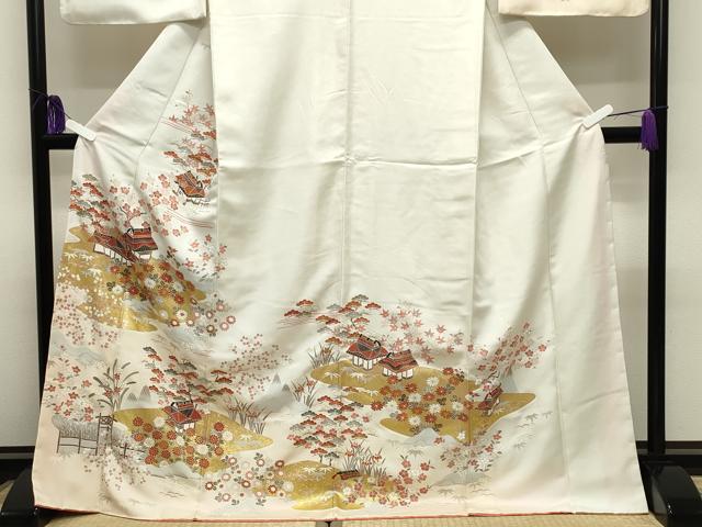 平和屋着物●訪問着　刺繍　風景松竹梅文　暈し染め　金彩　ロング丈　正絹　逸品　CABI1149gh