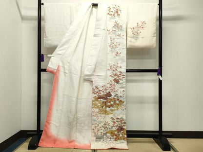 平和屋着物●訪問着　刺繍　風景松竹梅文　暈し染め　金彩　ロング丈　正絹　逸品　CABI1149gh
