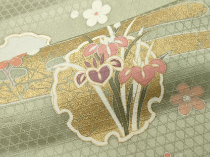 平和屋着物●訪問着　駒刺繍　雪輪花文　暈し染め　金彩　正絹　逸品　CABI1151gh
