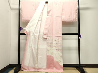 平和屋着物●訪問着　刺繍　立波地紙扇面花文　暈し染め　金銀彩　正絹　逸品　未使用　CABI1167gh