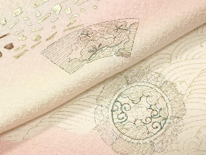平和屋着物●訪問着　刺繍　立波地紙扇面花文　暈し染め　金銀彩　正絹　逸品　未使用　CABI1167gh