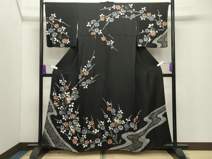 平和屋着物●訪問着　絞り　刺繍　草花文　黒地　金銀彩　正絹　逸品　CABI1168gh