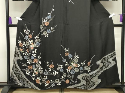 平和屋着物●訪問着　絞り　刺繍　草花文　黒地　金銀彩　正絹　逸品　CABI1168gh