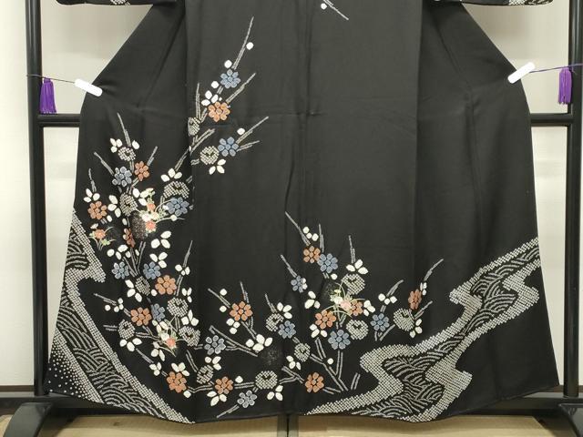 平和屋着物●訪問着　絞り　刺繍　草花文　黒地　金銀彩　正絹　逸品　CABI1168gh
