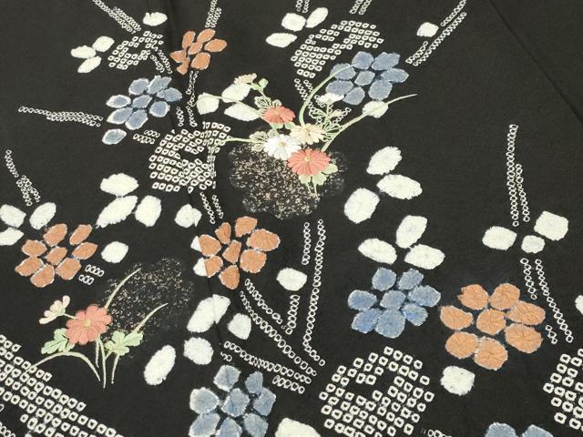 平和屋着物●訪問着　絞り　刺繍　草花文　黒地　金銀彩　正絹　逸品　CABI1168gh