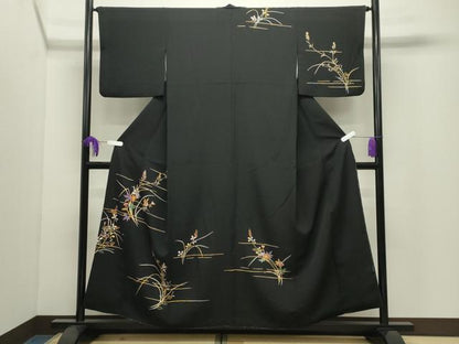 平和屋着物●訪問着　草花文　黒地　金彩　正絹　逸品　CABI1176gh