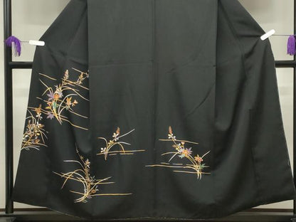平和屋着物●訪問着　草花文　黒地　金彩　正絹　逸品　CABI1176gh