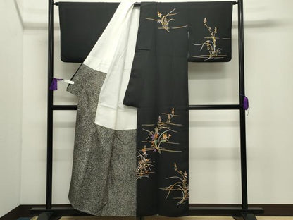 平和屋着物●訪問着　草花文　黒地　金彩　正絹　逸品　CABI1176gh