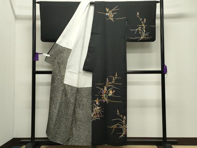 平和屋着物●訪問着　草花文　黒地　金彩　正絹　逸品　CABI1176gh