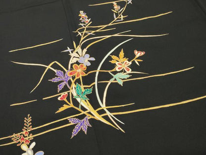 平和屋着物●訪問着　草花文　黒地　金彩　正絹　逸品　CABI1176gh