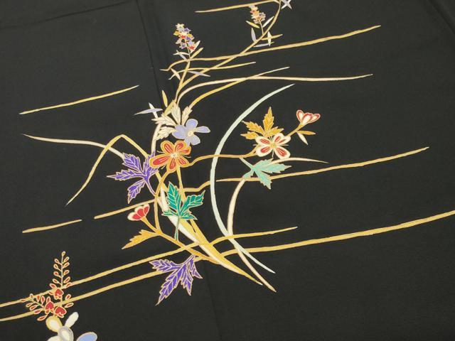平和屋着物●訪問着　草花文　黒地　金彩　正絹　逸品　CABI1176gh
