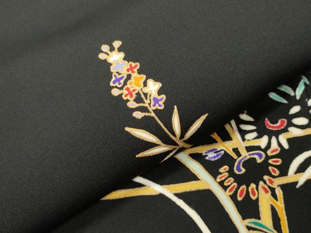 平和屋着物●訪問着　草花文　黒地　金彩　正絹　逸品　CABI1176gh