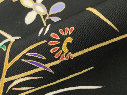 平和屋着物●訪問着　草花文　黒地　金彩　正絹　逸品　CABI1176gh