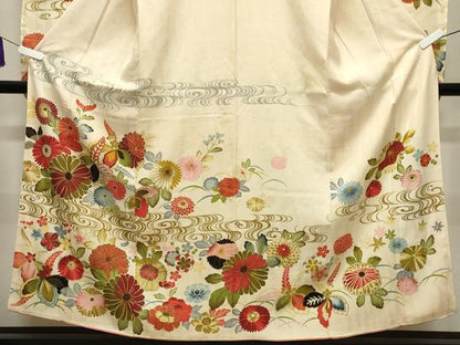 平和屋着物●セミアンティーク 振袖 流水花文 金彩 正絹 逸品 CABI1195gh