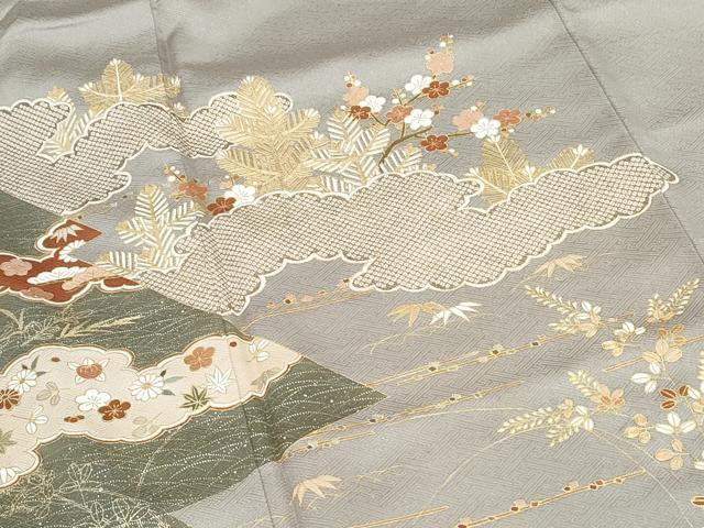 平和屋着物●豪華色留袖　駒刺繍　雲取り草花文　金彩　正絹　逸品　CABI1201th
