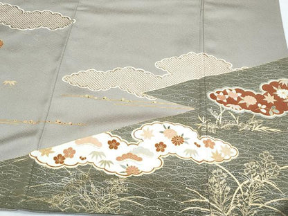 平和屋着物●豪華色留袖　駒刺繍　雲取り草花文　金彩　正絹　逸品　CABI1201th