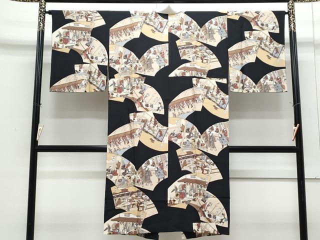 平和屋着物●長襦袢　無双仕立て　地紙人物風景文　黒地　正絹　逸品　CABI1208th
