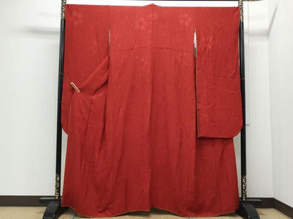 平和屋着物●豪華振袖　色無地　舞花地紋　朱・緋色　正絹　逸品　CABI1218th