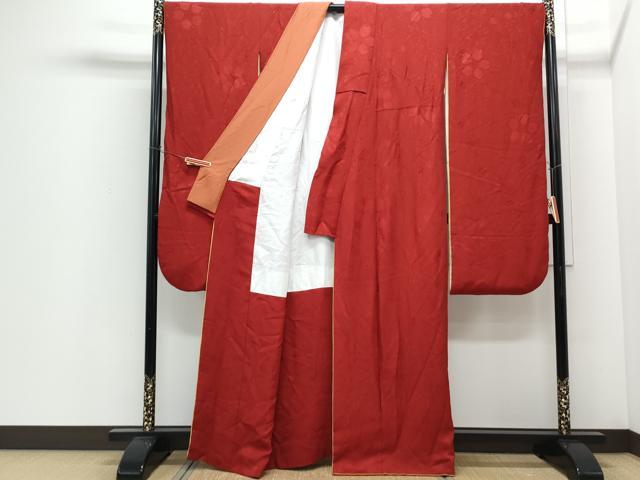 平和屋着物●豪華振袖　色無地　舞花地紋　朱・緋色　正絹　逸品　CABI1218th