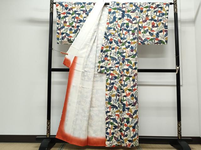 平和屋着物●上質な小紋　紬地　型染め　折り鶴　正絹　逸品　未使用　CABI1226th