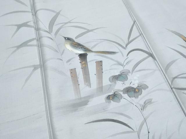 平和屋着物●訪問着　作家物　紬地　手描き　花鳥文　金彩　正絹　逸品　CABI1245th