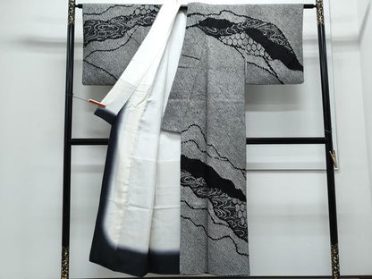平和屋着物●訪問着　総絞り　流水文　黒地　正絹　逸品　CABI1252th