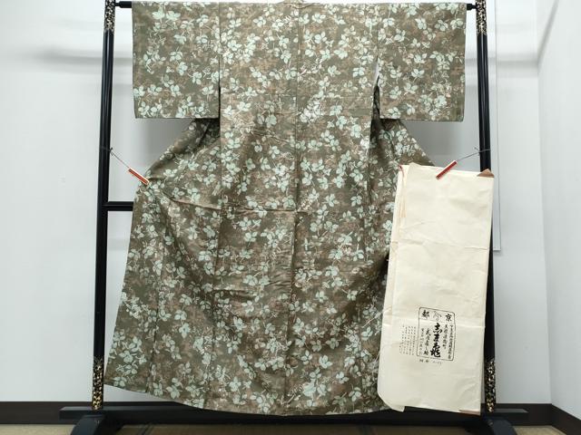 平和屋着物●銀座　志ま亀　紬　ろうけつ染め　舞葉文　たとう紙付き　正絹　逸品　CABI1261th