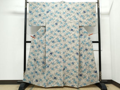 平和屋着物●上質な小紋　型染め　流水草花文　鬼しぼ縮緬　正絹　逸品　CABI1267th