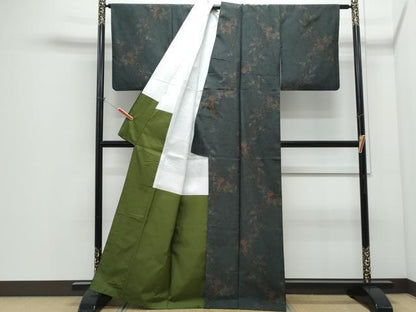 平和屋着物●本場大島紬　泥染め　草葉文　伊千夫作　証紙付き　正絹　逸品　CABI1296th