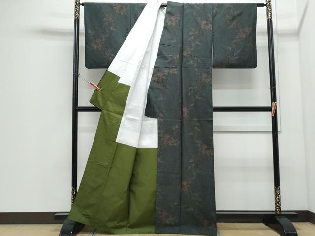 平和屋着物●本場大島紬　泥染め　草葉文　伊千夫作　証紙付き　正絹　逸品　CABI1296th