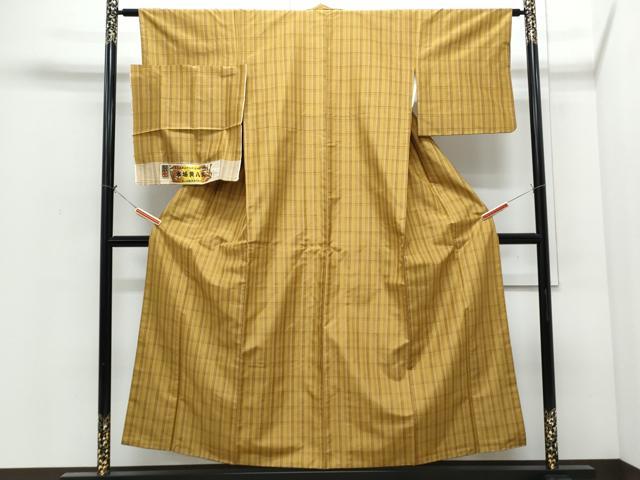 平和屋着物●本場黄八丈　平織　紬　格子文　証紙付き　正絹　逸品　CABI1299th