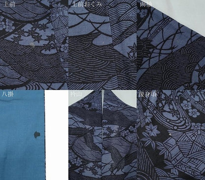 平和屋着物●上質な小紋　紬地　藍　型染め　飛鶴風景文　正絹　逸品　CABI1305th